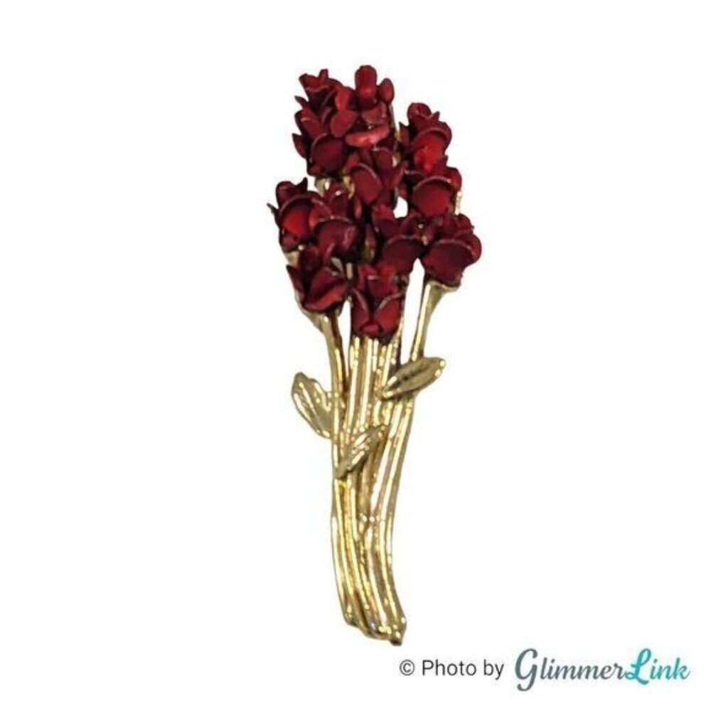 Vintage Red Rose Bouquet Brooch Gold Tone Dozen Roses Floral Pin Signed DM 97